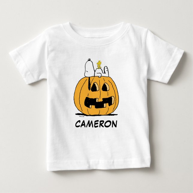 Camiseta Para Bebê Amendoins | Esnoopia e Woodstock Jack-O-Lanterna (Frente)