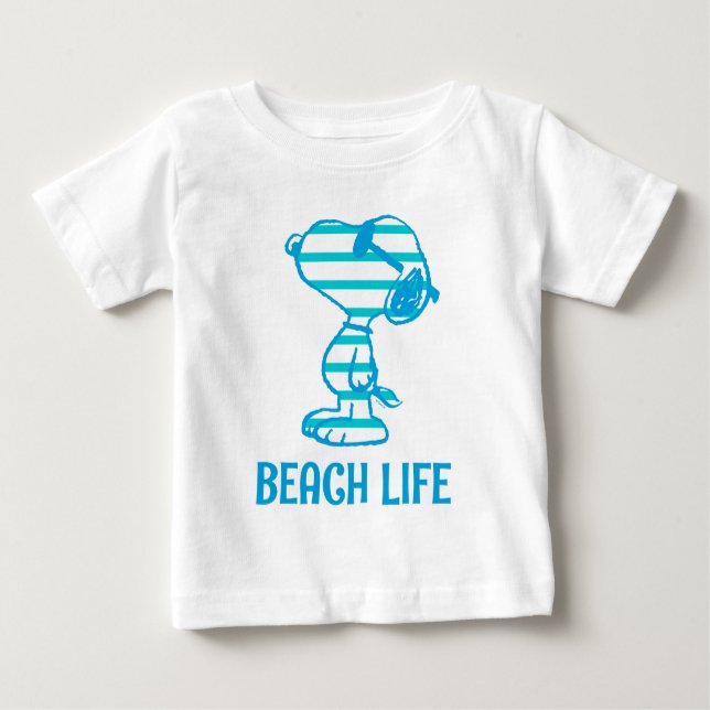 Camiseta Para Bebê Amendoins | Óculos de sol com riscas cianas esnopi (Frente)