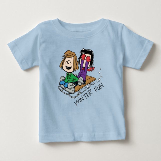Camiseta Para Bebê Amendoins | Pepperminta Patty & Marcie Sled Riding (Frente)