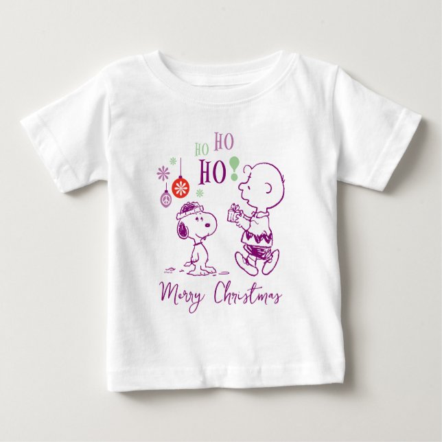 Camiseta Para Bebê Amendoins | Snoopy & Charlie Brown Ho Ho Ho Ho (Frente)