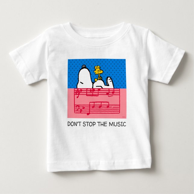 Camiseta Para Bebê Amendoins | Snoopy & Woodstock de Música e Bolinha (Frente)