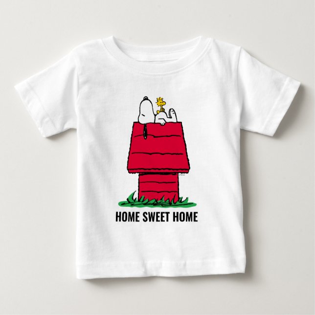 Camiseta Para Bebê Amendoins | Snoopy & Woodstock Doghouse (Frente)