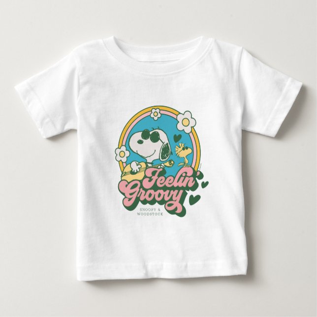 Camiseta Para Bebê Amendoins | Snoopy & Woodstock Feelin' Groovy (Frente)