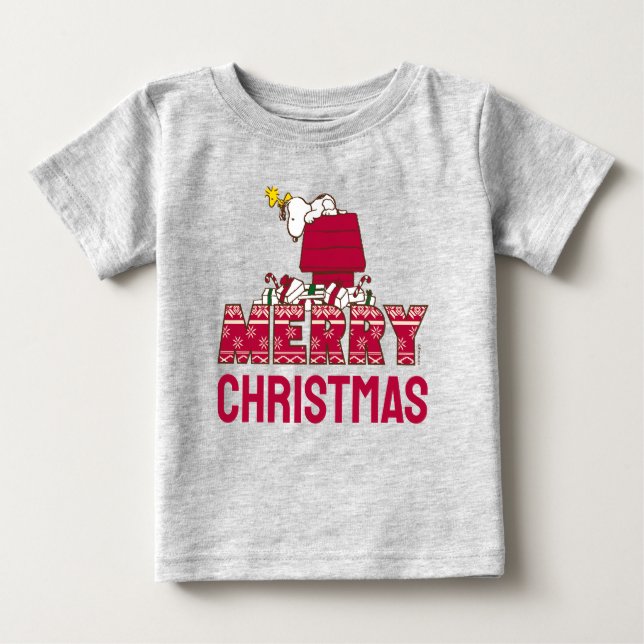 Camiseta Para Bebê Amendoins | Snoopy & Woodstock Feliz Ugly Sweater (Frente)