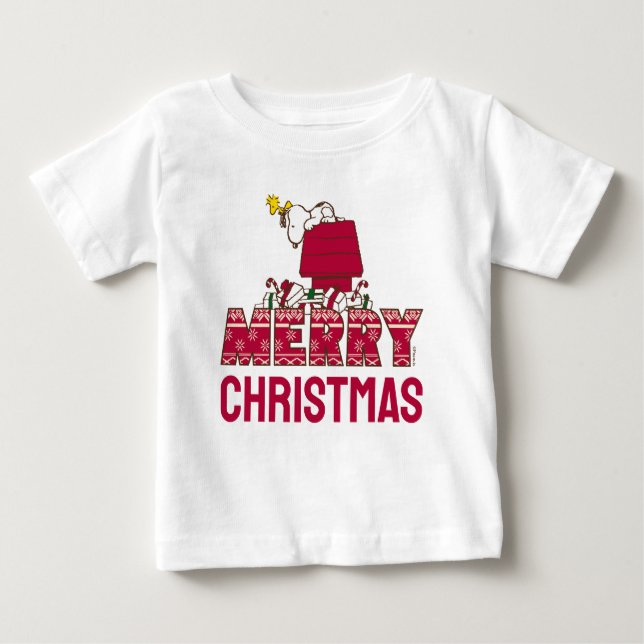Camiseta Para Bebê Amendoins | Snoopy & Woodstock Feliz Ugly Sweater (Frente)