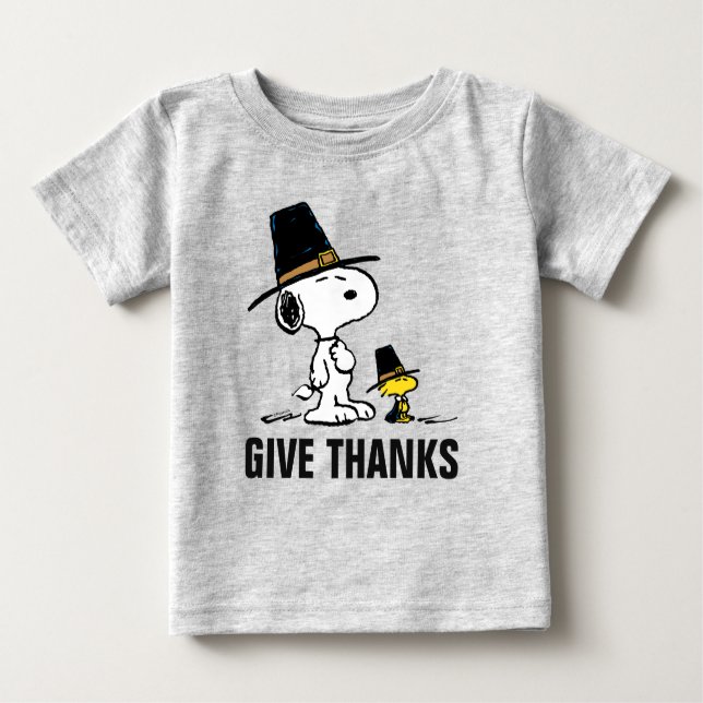 Camiseta Para Bebê Amendoins | Snoopy & Woodstock Pilgrim (Frente)