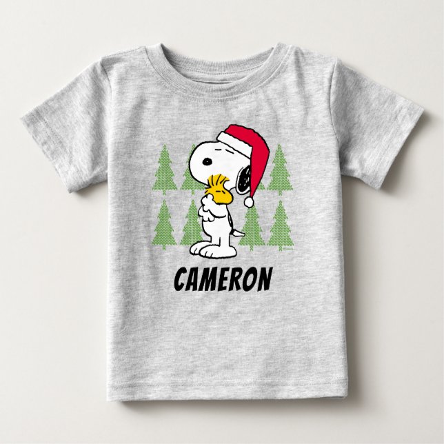 Camiseta Para Bebê Amendoins | Snoopy & Woodstock Santa Claus Hug (Frente)