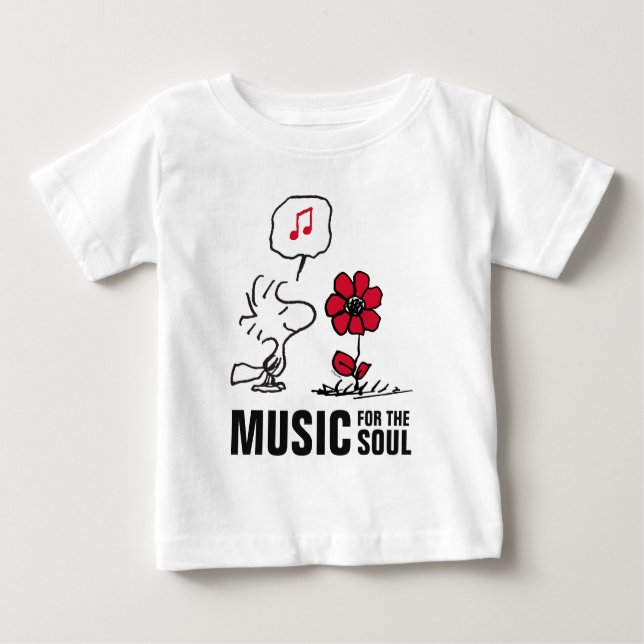 Camiseta Para Bebê Amendoins | Woodstock Cheirando as flores (Frente)