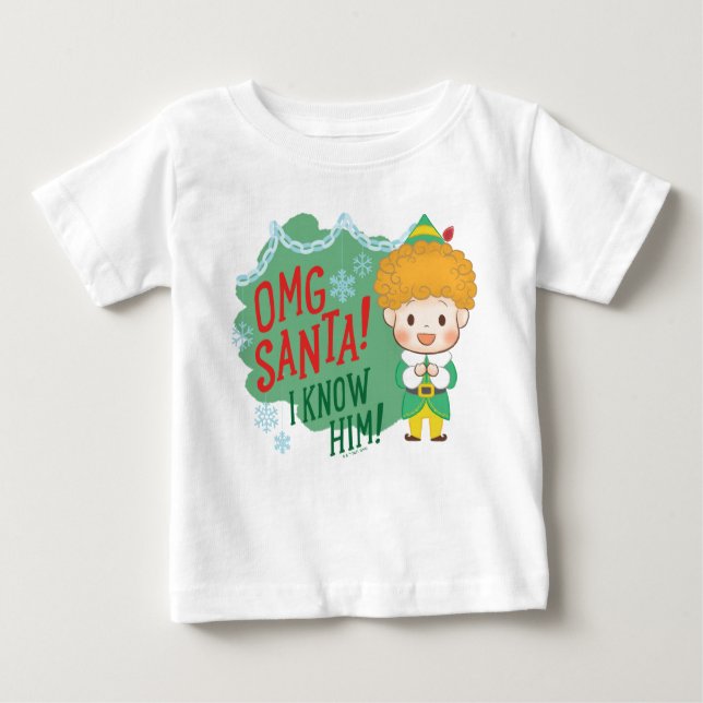 Camiseta Para Bebê Amigo Elfo OMG Papai Noel! Eu O Conheço! (Frente)