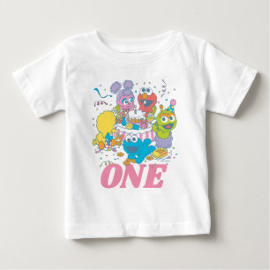 Camiseta Para Bebê Amigos do Sesame Street Pastel   1º Aniversário