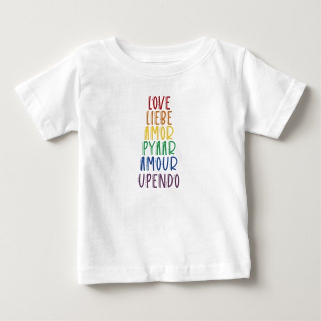 Camiseta Para Bebê Amor em muitas línguas Rainbow Pride Baby T-Shirt (Frente)