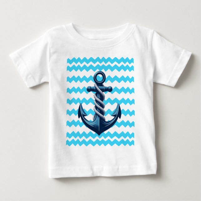 Camiseta Para Bebê Âncora azul com ondas azuis (Frente)