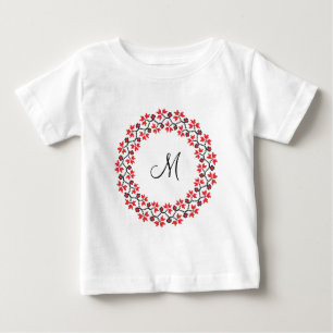 Camiseta Para Bebê Anel de flor vermelha Monograma personalizado inic