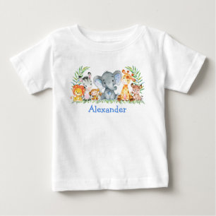 Camiseta Para Bebê Animais Bebês de Safari em Aquarela Elefante Azul