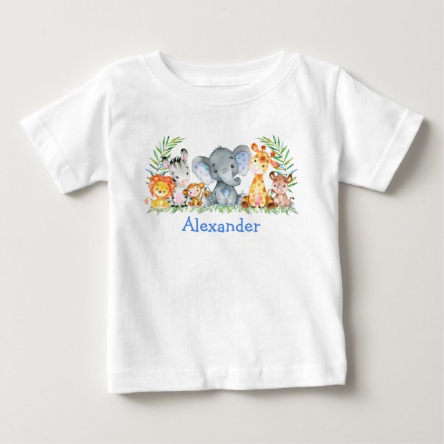Camiseta Para Bebê Animais Bebês Safari em Aquarela Elefante Azul (Frente)
