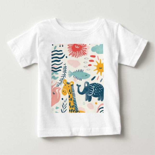 Camiseta Para Bebê Animais brancos coloridos com rabiscos, padrões (Frente)