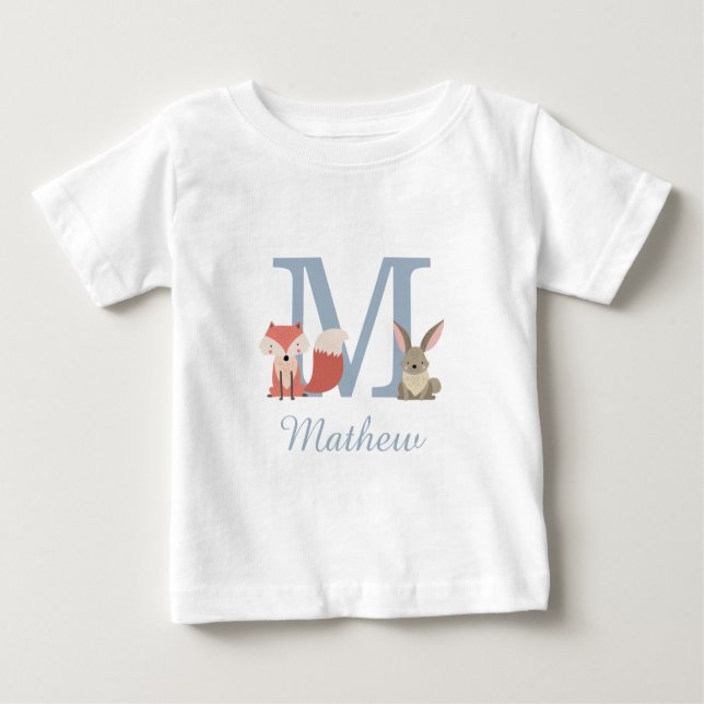 Camiseta Para Bebê Animais da Floresta Azul Menino Bebê Inicial Monog (Frente)