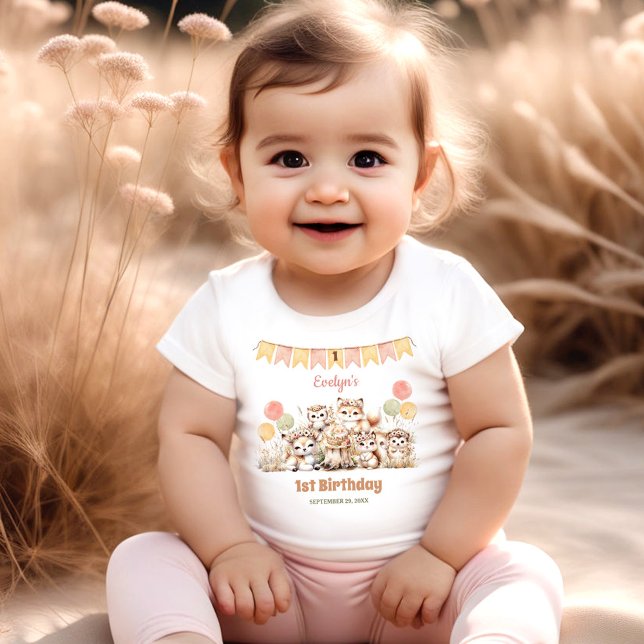 Camiseta Para Bebê Animais da Floresta Boho Name primeiro aniversario (Woodland Animals Boho Name Girl 1st Birthday Baby T-Shirt)