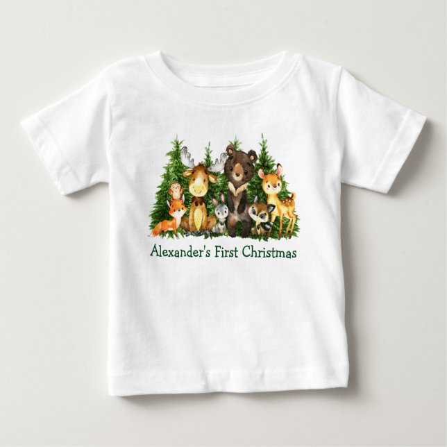 Camiseta Para Bebê Animais da Floresta Florestal do Primeiro Natal (Frente)
