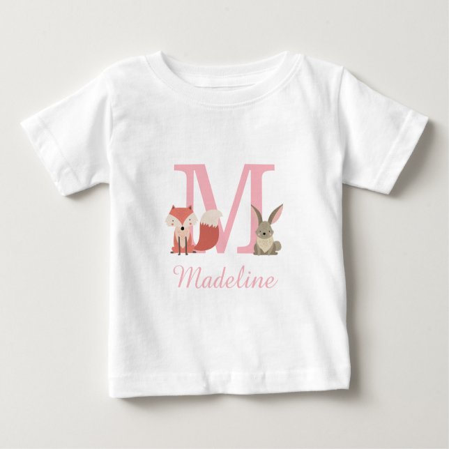 Camiseta Para Bebê Animais da Floresta Fofa Monograma Rosa (Frente)