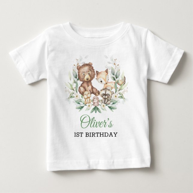 Camiseta Para Bebê Animais da Floresta Folheiam Garoto primeiro anive (Frente)