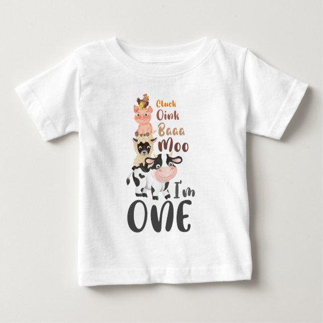 Camiseta Para Bebê Animais de Fazenda 1º Aniversário Moo Nossa, estou (Frente)