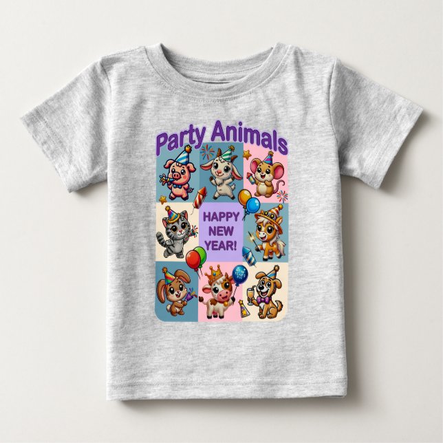Camiseta Para Bebê Animais de festa "Feliz ano novo" (Frente)