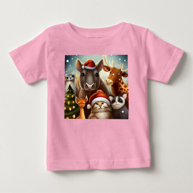 Camiseta Para Bebê Animais de Natal 6 (Frente)