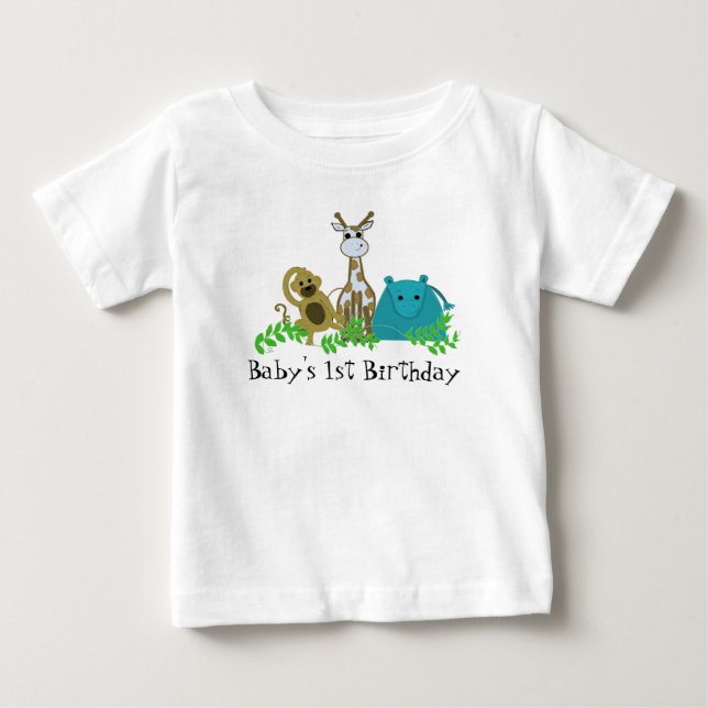 Camiseta Para Bebê Animais de Zoológico 1º Aniversário do Bebê (Frente)
