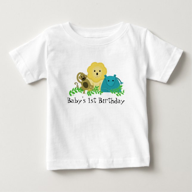 Camiseta Para Bebê Animais de Zoológico 1º Aniversário do Bebê (Frente)