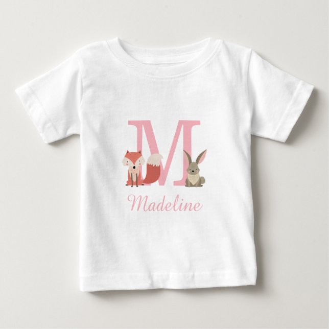 Camiseta Para Bebê Animais Florestais Fofos Monograma Rosa (Frente)