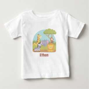 Camiseta Para Bebê Animais Fofos da Savana, Girafa, Leão, Nome da Zeb