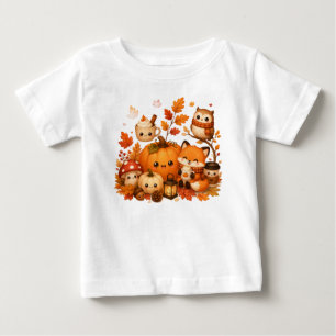 Camiseta Para Bebê Animais Fofos de Outono Kawaii Raposa Coruja Abóbo