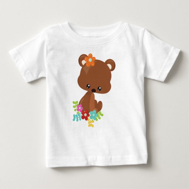Camiseta Para Bebê Animais primavera, Urso-Cinto, Urso-Pequeno, Flore (Frente)