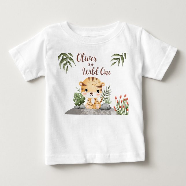 Camiseta Para Bebê Animais Safari Fera Selvagem Tigre 1º Aniversário (Frente)