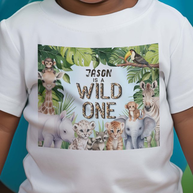 Camiseta Para Bebê Animais Safari, Selvagem Azul, primeiro aniversari (Wild one, blue Safari themed boy 1st birthday t-shirt.)