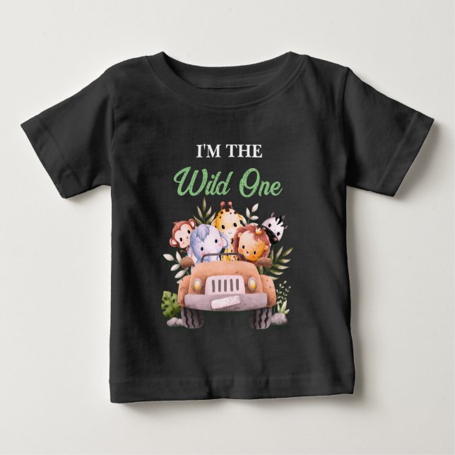 Camiseta Para Bebê Animais Selvagens Safari Aniversário Negra (Frente)