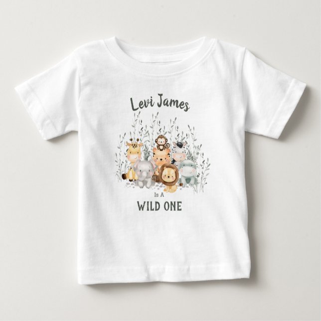 Camiseta Para Bebê Animais Selvagens Safari Primeiro Aniversário (Frente)