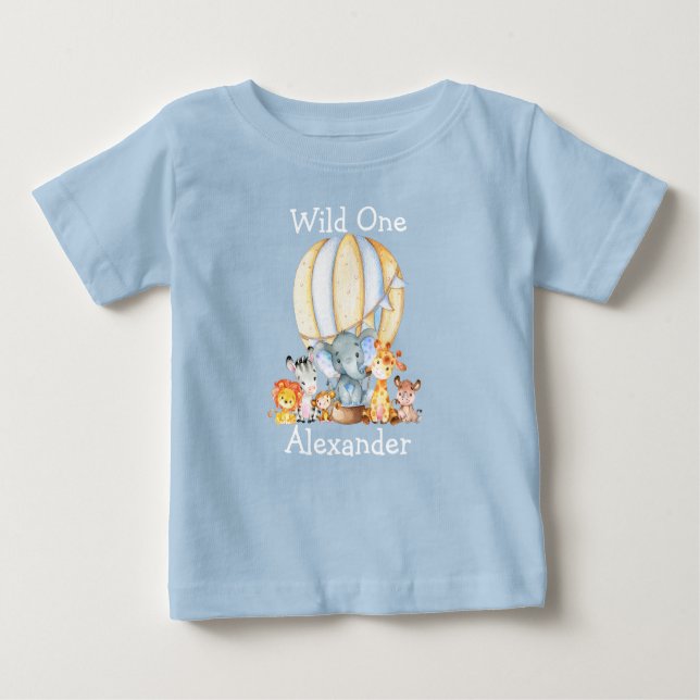 Camiseta Para Bebê Animais Selvagens Safari primeiro aniversario Azul (Frente)