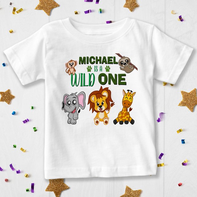 Camiseta Para Bebê Animais Selvagens Selvagens Selvagens Safari Prime (Cute Wild One Jungle Safari Animals First Birthday Baby T-Shirt)