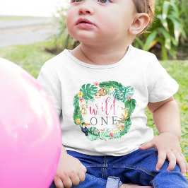 Camiseta Para Bebê Animais Tropicais da Selva Floral Primeiro Anivers