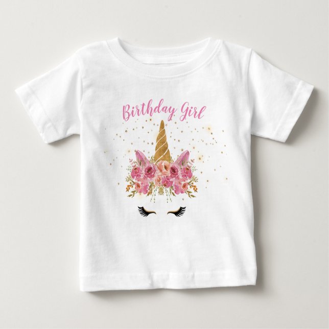 Camiseta Para Bebê aniversariante mágico monograma floral unicórnio (Frente)
