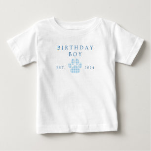 Camiseta Para Bebê Aniversário Azul Menino Xadrez Impressão de Pata d