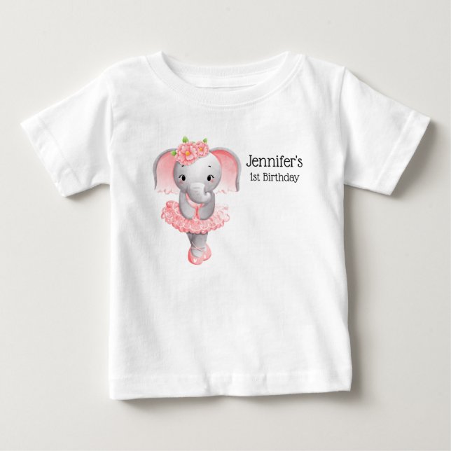 Camiseta Para Bebê Aniversário Bailarina Elefante Rosa e Cinza Fofo (Frente)