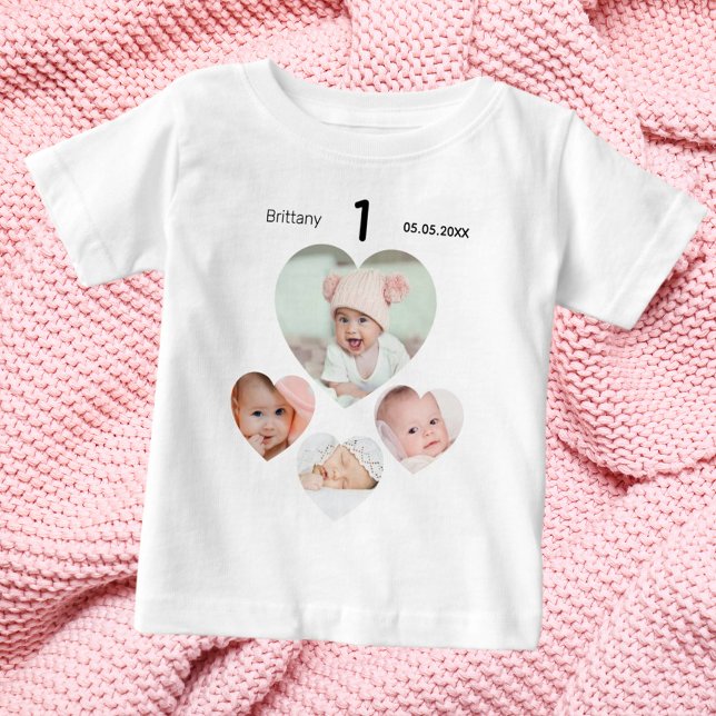 Camiseta Para Bebê Aniversário com o nome de idade foto colagem bebê (Criador carregado)