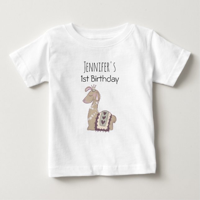 Camiseta Para Bebê Aniversário da Princesa Lhama Fofa Vestindo uma Co (Frente)