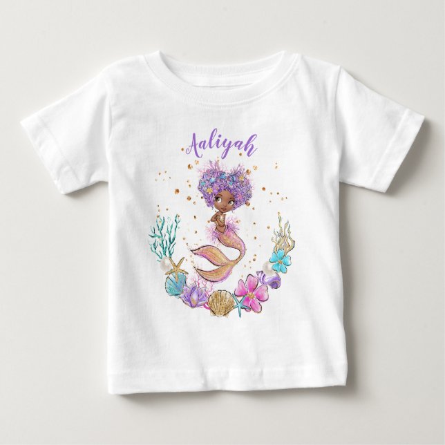 Camiseta Para Bebê Aniversário da Sereia Afro-Americana (Frente)