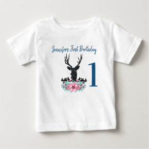 Camiseta Para Bebê Aniversário das Flores e Montanhas Rosa Pretas Cab