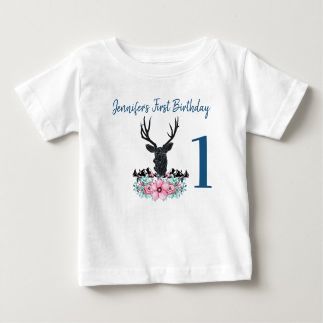 Camiseta Para Bebê Aniversário das Flores e Montanhas Rosa Pretas Cab (Frente)