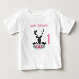Camiseta Para Bebê Aniversário das Flores e Montanhas Rosa Pretas Cab